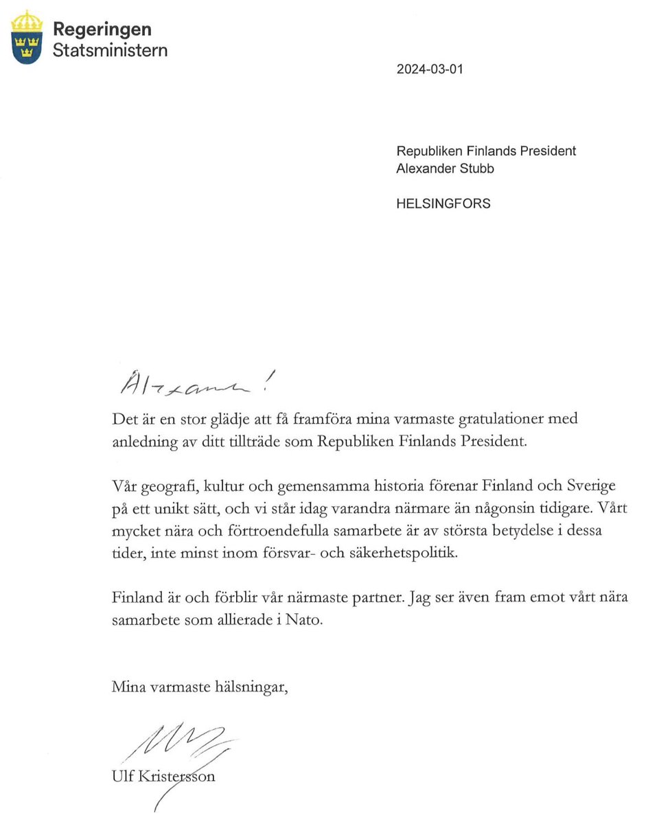 Idag tillträder min gode vän Alexander Stubb som republiken Finlands president. Jag har skrivit och framfört mina varmaste gratulationer till honom, och ser fram emot att vi tillsammans bygger vidare på det mycket nära och förtroendefulla samarbetet mellan Finland och Sverige.