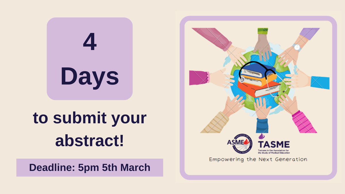 4 days to submit your abstract for TASME Conference✍️ Deadline: 5pm 5th March⏰
Submit here: asme.org.uk/events/tasme-s…  #MedEd #MedTwitter <a href="/tasme_uk/">TASME UK</a>