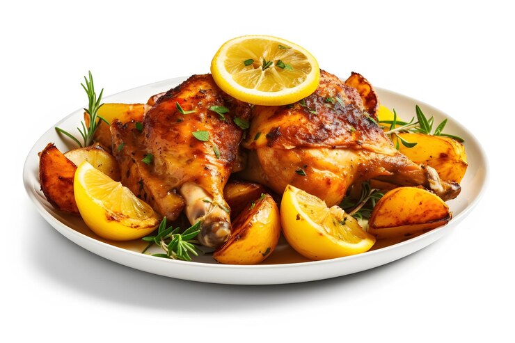 Pollo al limón: Horno 220 °C. En 1 bol, 1,8 kg🍗🐓 con piel +3🥔en cuartos +1/2 tz jugo🍋+1/2 tz aceite oliva +6 dientes🧄+1 cda orégano +1 cda🧂+1 cdta romero +1 cdta pimienta negra +1 pizca de cayena +2/3 tz caldo de pollo. En asadera aceitada hornear x 20', voltear y cocer.