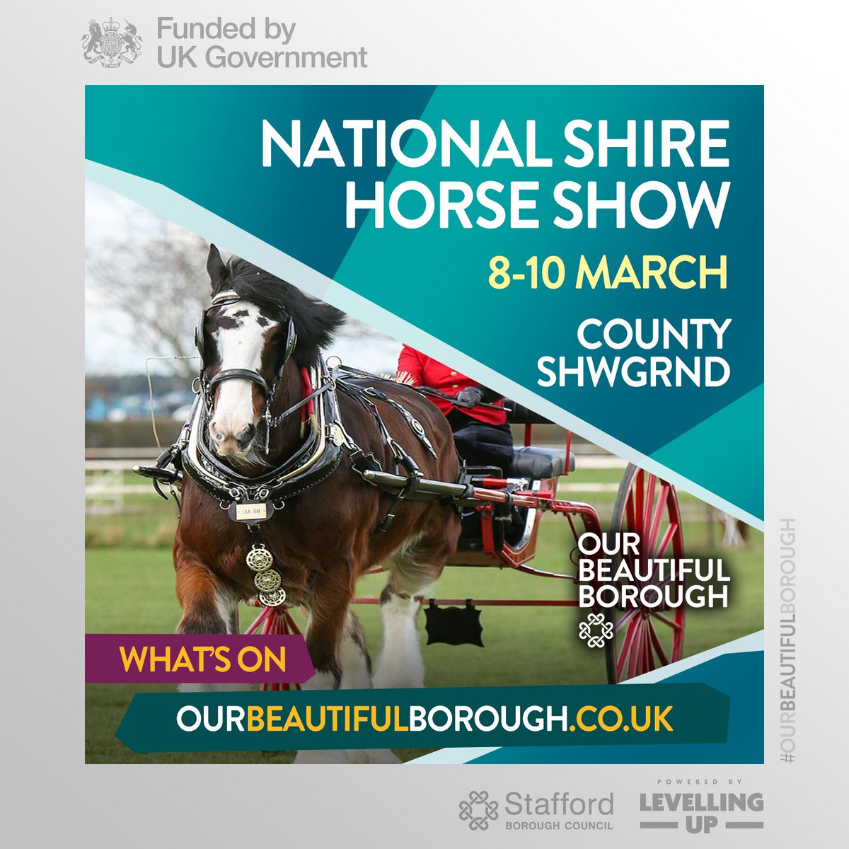 Join spectators on 8-10 March for the #National #Shire #Horse #Show at #Stafford #County #Showground. Pedigree Shire horses will be competing over three days of competition culminating in the King George V Cup: tinyurl.com/zyk8su2e #DaysOut #FamilyFun #OurBeautifulBorough