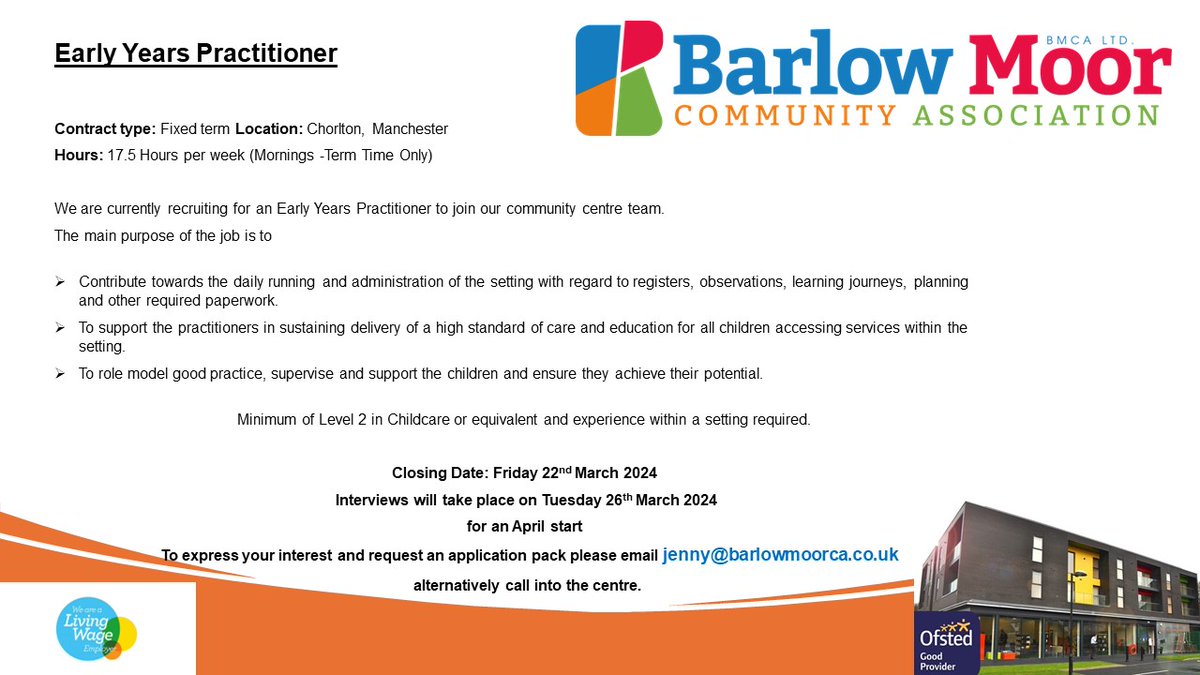 Exciting opportunity to join the team at BMCA 👇for more information or to apply email jenny@barlowmoorca.co.uk @BMCA_Nursery @BMCA_volunteer @BMCA_HWBZ @BMCA_Learning @ChorltonRT