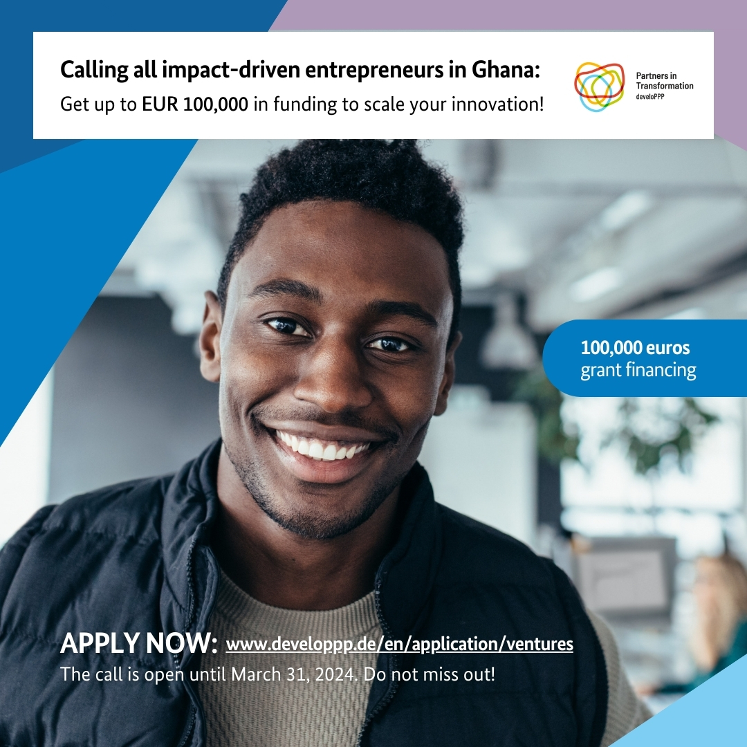 🇬🇭 A fantastic opportunity for growth-stage, innovative, and impact-driven entrepreneurs from Ghana! Apply for a EUR 100,000 grant from develoPPP Ventures until March 31, 2024. More information here: 📷 developpp.de/en/application…