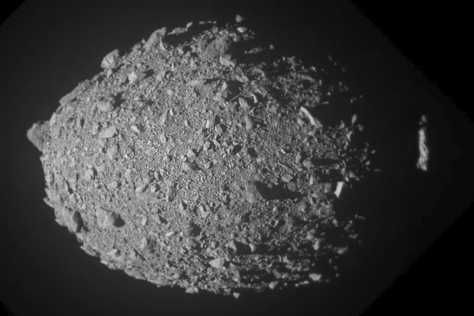 Asteroid Dimorphos, which orbits a much larger asteroid called Didymos, is a small rubble pile covered in boulders. In 2022, NASA's Double Asteroid Redirection Test (DART) spacecraft smashed into it in a test of how to divert an object heading toward Earth. The impact excavated a large amount of material - which was thought to have created a large crater - and reduced the orbital period of Dimorphos by a huge 33 minutes. New research suggests the impact may also have dramatically changed the shape of Dimorphos. Not only was up to 1 per cent of its mass ejected by the collision, but perhaps 8 per cent was redistributed, leading to a major resurfacing of the asteroid. (Image credit: NASA/Johns Hopkins APL) 