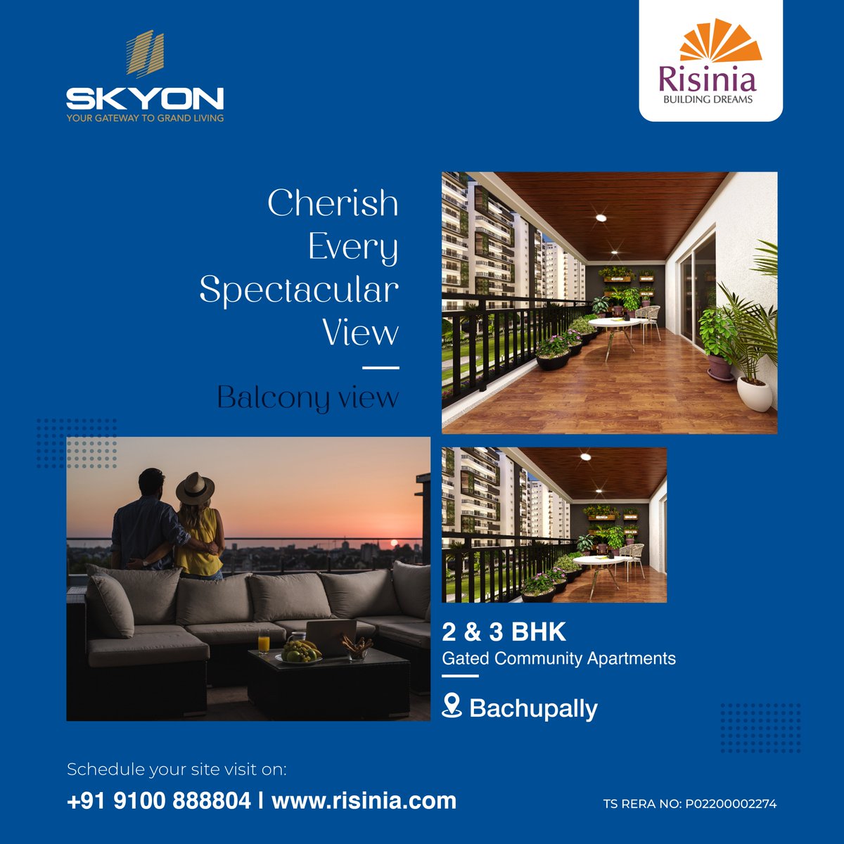 The spacious balcony offers an uncluttered view of Bachupally, allowing you to immerse yourself in serenity during your evenings.

#risinia #risiniabuilders #risiniaskyon #2bhkflatsforsaleinbachupally #3bhkflatsforsaleinbachupally
