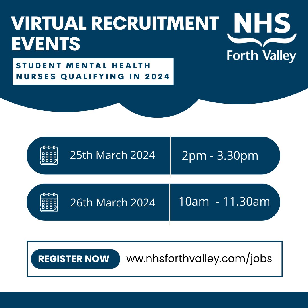 Are you a Mental Health Student Nurse (due to qualify in 2024)? Sign up for our Virtual Recruitment Event ⬇

You will have the opportunity to hear from nurses across a variety of specialties talking about their career journey. 

Find out more apply.jobs.scot.nhs.uk/internal/Job/J…