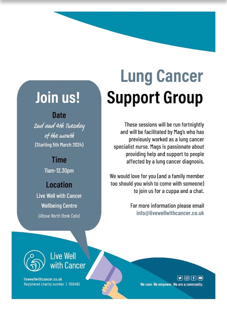 LiveWellwtCan's tweet photo. We will be running our first #lung #cancer #supportgroup on Tuesday 5th March. The group will be facilitated by the fabulous Mags a former lung cancer nurse specialist, who is passionate about supporting people living with and beyond a cancer diagnosis. #northtynside #northeast https://t.co/tvsXGm9tVx
