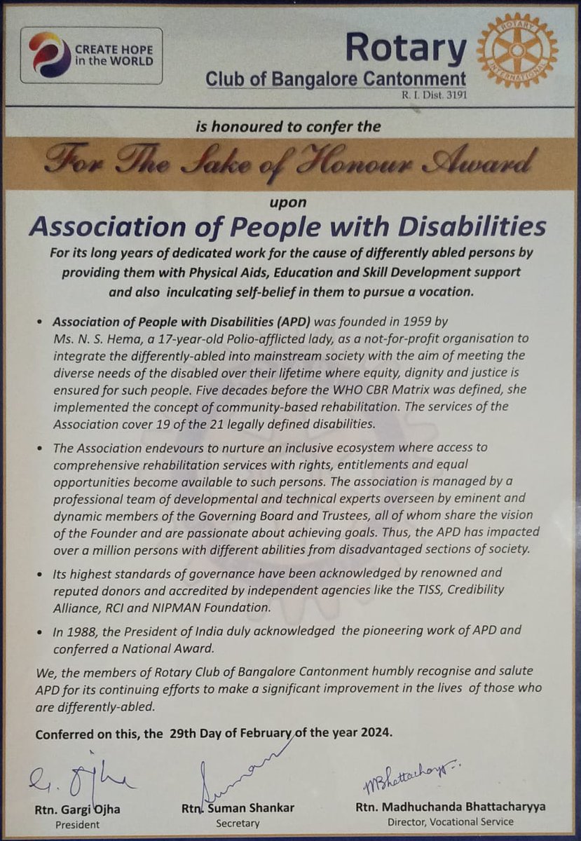 Proud to receive the ‘For The Sake of Honour’ award from @RotaryBlrCant for empowering #PeopleWithDisabilities through physical #rehabilitation, #education, and #upskilling to give them equal social access. Thank you to the #Rotary team and all our #APD staff & supporters!