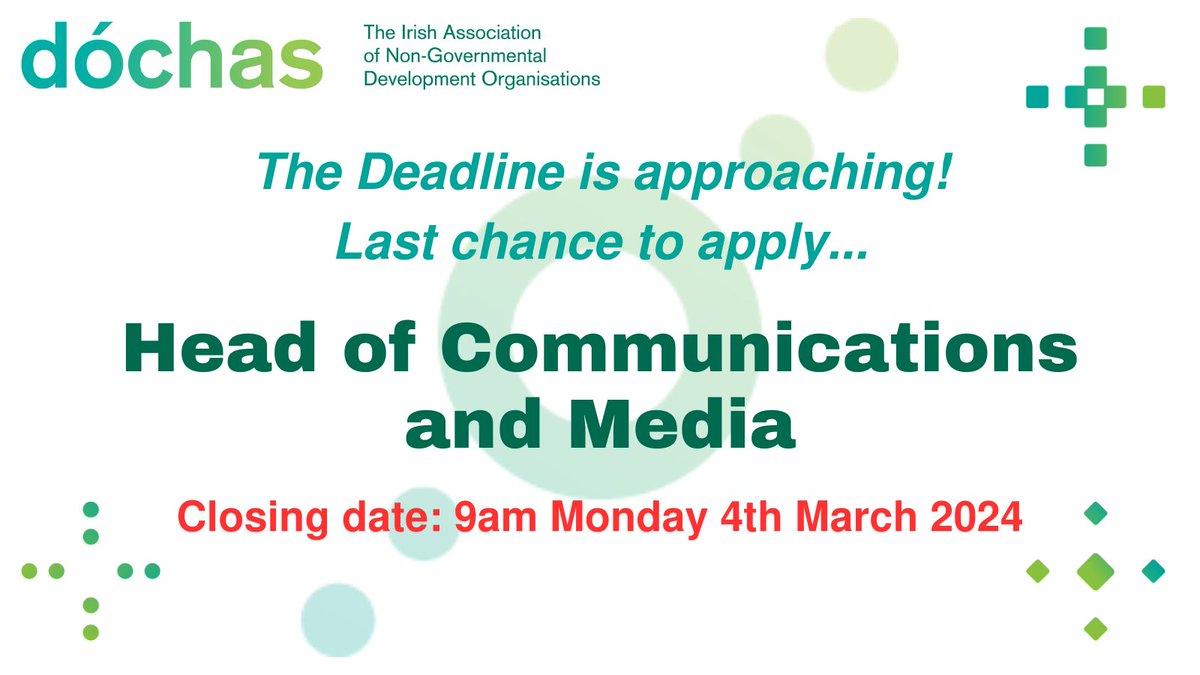 🕘Last chance to apply! 📢 🌟An exciting opportunity for an experienced communications professional with a passion for international development, humanitarian and climate work. Find out more on our website... dochas.ie/whats-new/come…