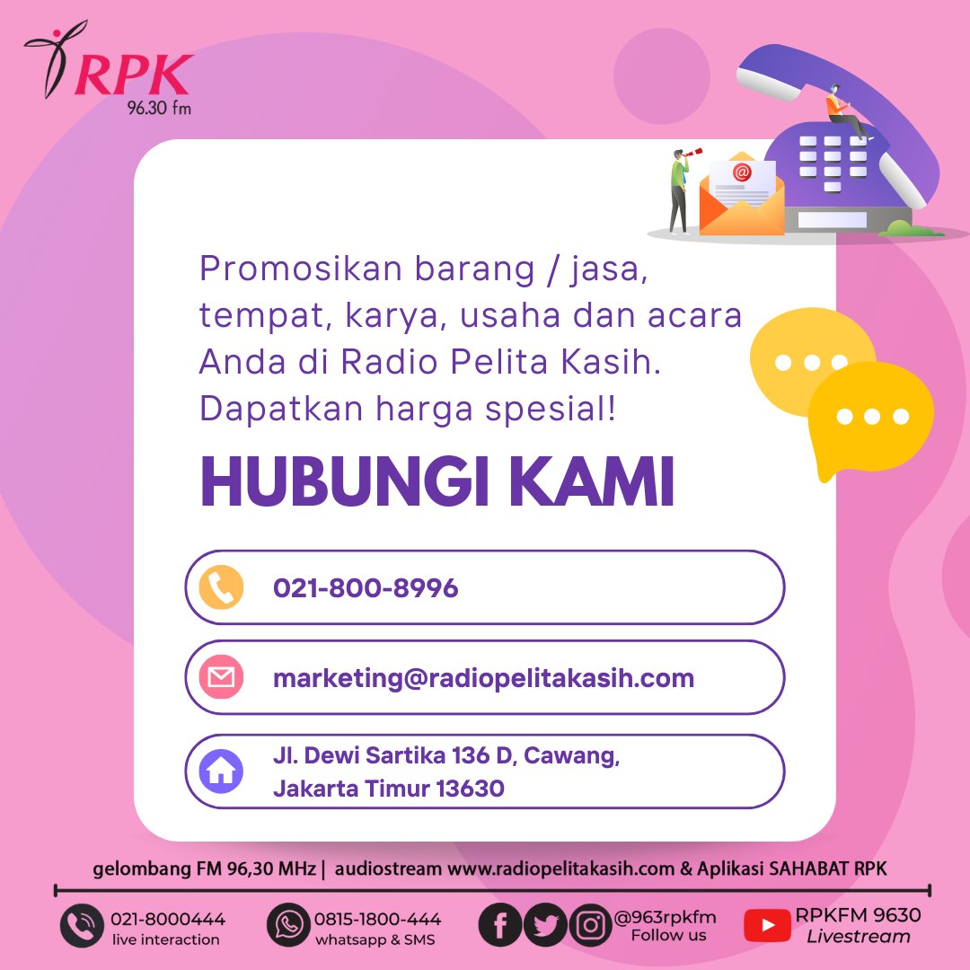 963RPKFM's tweet photo. Sebagai radio swasta tertua di Jakarta, Radio Pelita Kasih akan membantu Anda untuk menjangkau pendengar yang tersebar di wilayah Jabodetabek. Hubungi kami segera!

#rpkfm #marketing #marketingradio #radiomarketing #promoradio #radiopromo #radiojakarta #radioswasta https://t.co/wV0lhmWexI