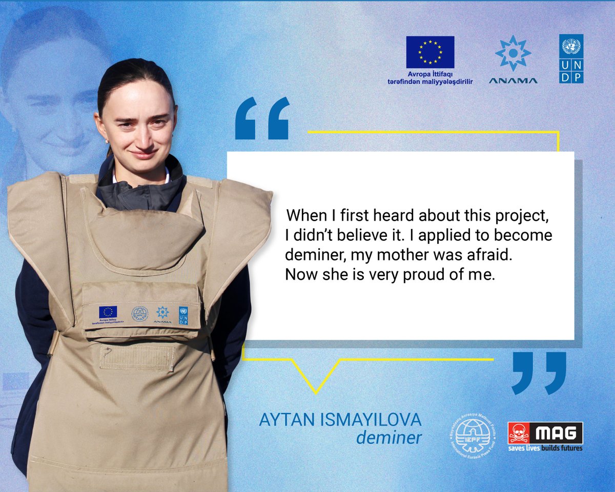 👇Voices from the field Aytan is one of the first 18 newly trained #womandeminers in Azerbaijan. She acquired the foundational knowledge, skills and required code of conduct to recognize, detect and mark mines and unexploded ordnance. #yesshecan #IWD #MineAction #EUForeignPolicy