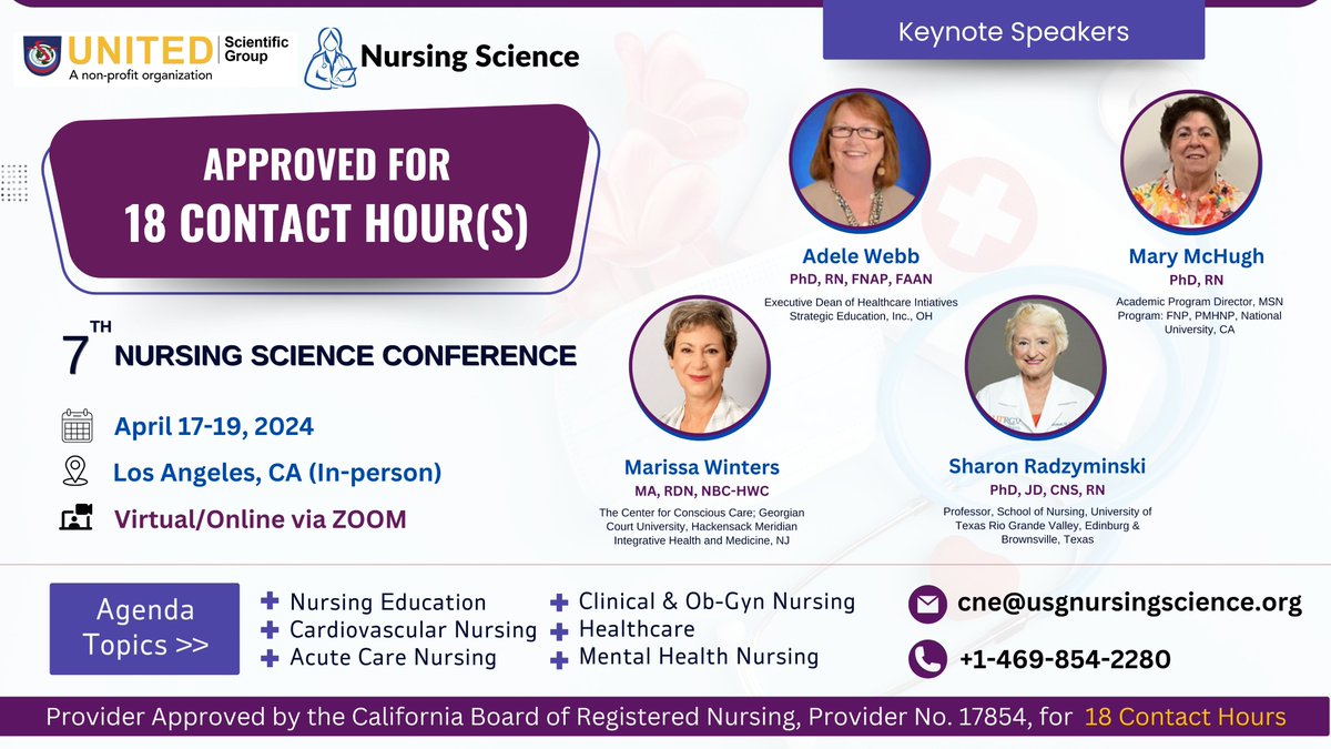 🌟 Exciting Opportunity Alert! Join Us at the Annual Nursing Conference! 
Mark your calendars because our #Annual Nursing #Conference is just around the corner! 
April 17-19, 2024 
09:00-17:00 Pacific Time 
Los Angeles &amp; Virtual!!   nursing.unitedscientificgroup.org
<a href="/uniscigroup/">United Scientific Group</a>