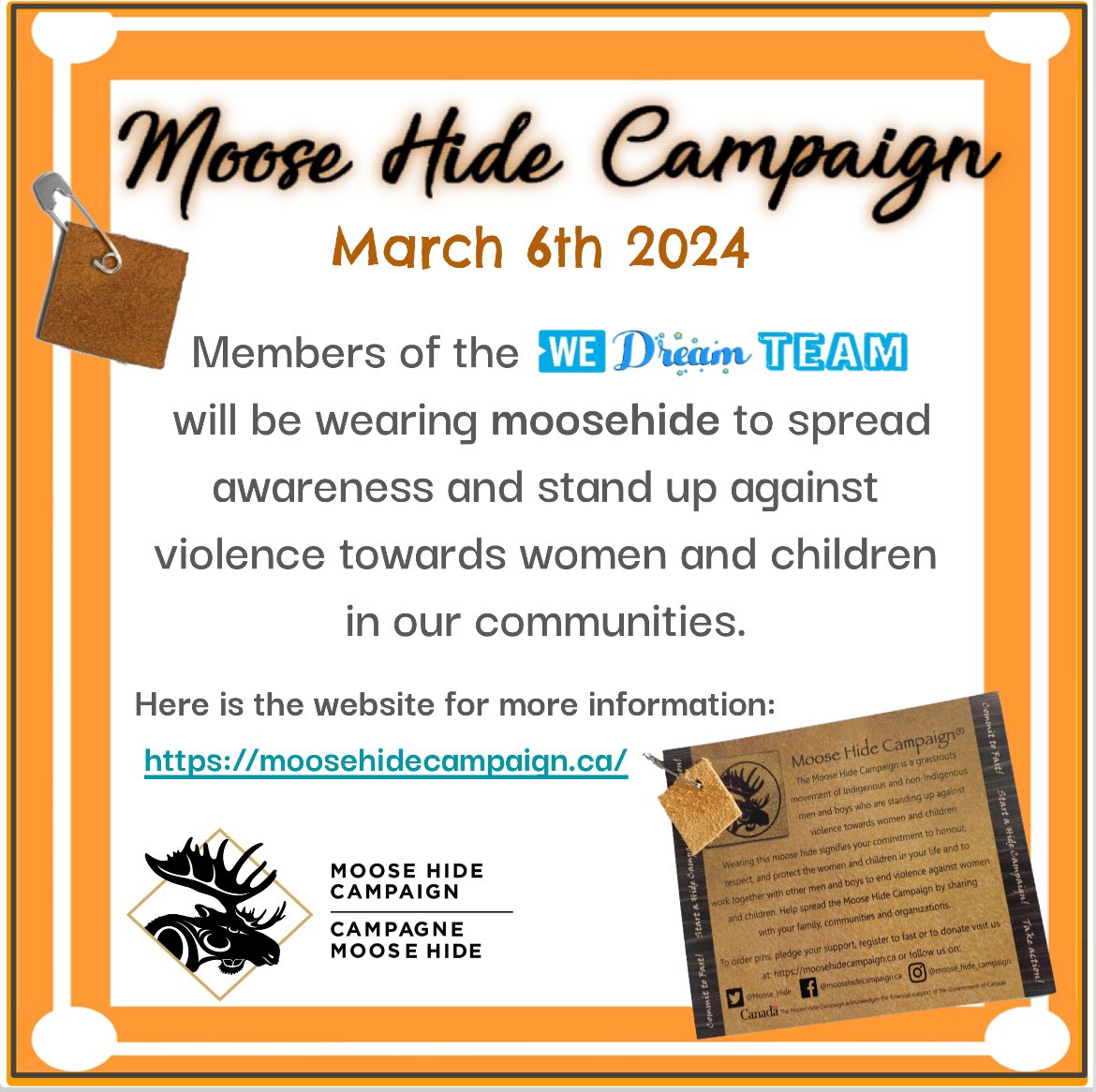 Join the #WEDream team @StAlfred_dpcdsb and wear @Moose_Hide next Wednesday to raise awareness and take a stand that all women and children should live free from violence. #MoosehideCampaign #WomensHealth