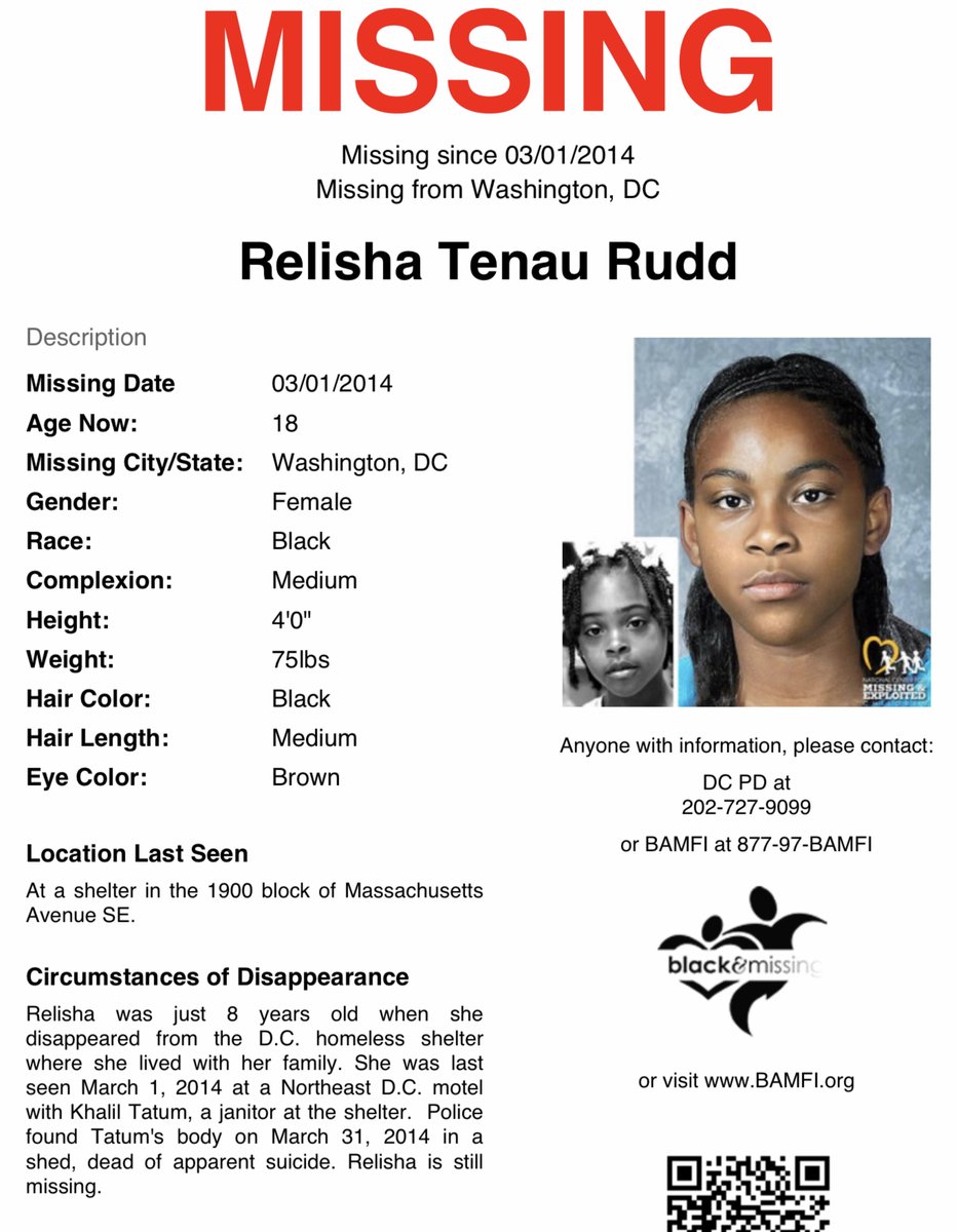 BAM_FI's tweet photo. #HelpUsFindRelishaRudd
Today marks 10 years since then 8y/o Relisha Rudd was last seen at a motel in Northeast Washington, DC with shelter custodian Khalil Tatum.
#RelishaRudd #DMV #DistrictOfColumbia #FindRelisha https://t.co/OnFBwr5XPI