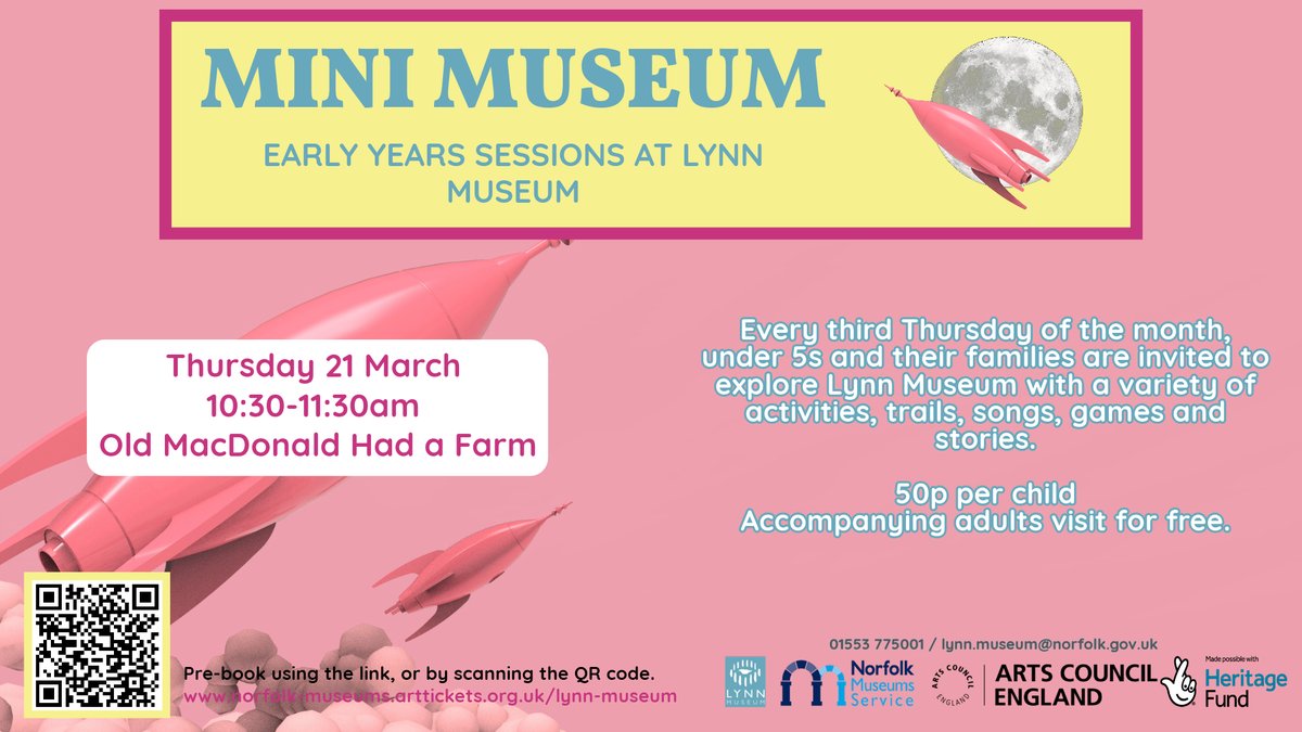 🧸 Mini Museum is next Thursday 21 March, 10.30-11.30am! 🚀 Bring your under 5s to Lynn Museum for Old MacDonald Had a Farm-themed activities! 🎟️ Children 50p, adults free. Older siblings welcome. Booking is highly recommended: tinyurl.com/pcc9a9sc