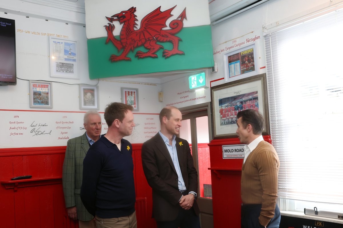 Prince William, Prince of Wales and Chairman of Wrexham AFC @RMcElhenney and @thehumphreyker during his visit to The Turf Pub, near Wrexham AFC as he marks St. David's Day. Pics GETTY