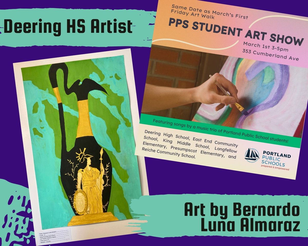 🎨 First Fridays Art Walk in downtown Portland, ME! Deering HS student Bernardo Luna Almaraz's exceptional artwork will be at the Portland Public School exhibit on March 1, 2024, 3-5pm. Let's celebrate creativity and support our local artists! #SupportEmergingArtists
