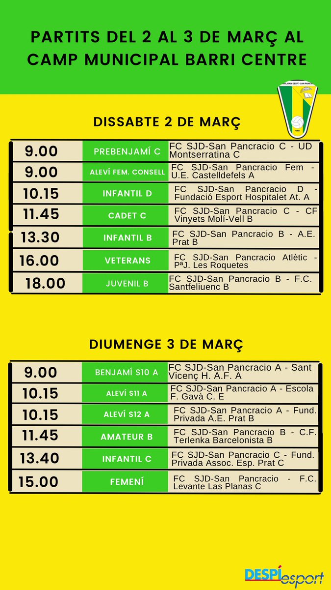 #competicio Aquests són els partits del 2 al 3 de març @bcsjd @fclevantelp @fcsjd_sanpa #basquet #futbol #esport #santjoandespi #despiesport