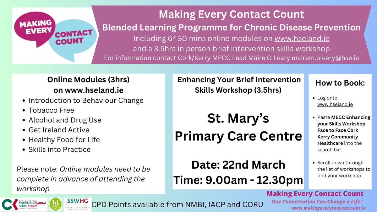A Making Every Contact Count workshop will be held in St Mary's PCC on March 22nd from 9.00am-12.30pm. To book your place log onto hseland.ie.
