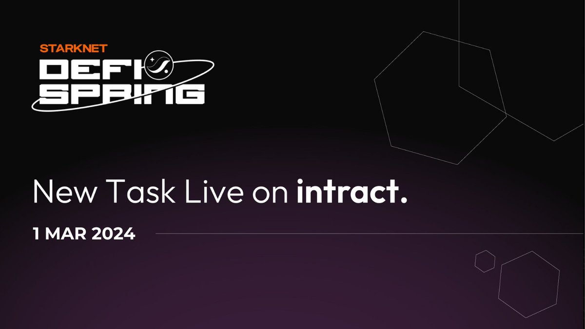 📢 New @Starknet DeFi Spring quest is live! 💸 Provide liquidity in at least 3 pools within one of the participating protocols - @mySwapxyz @nostrafinance @EkuboProtocol @StarkDefi @10KX_Global @haikoxyz @JediSwap to unlock $STRK rewards. 🔗: link.intract.io/UizkWj