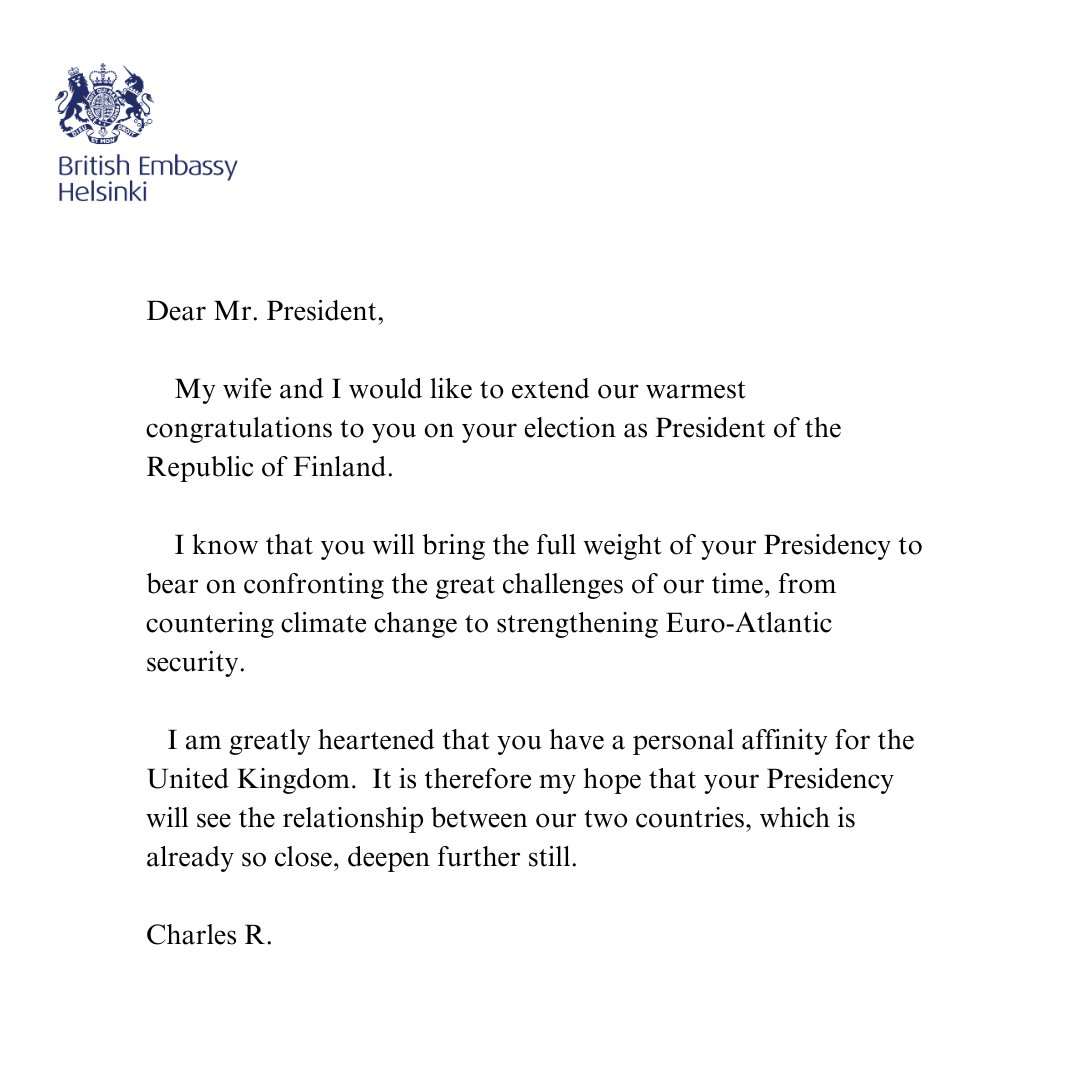 A message from His Majesty The King to the new President of Finland, @alexstubb 🇬🇧🇫🇮 @RoyalFamily #UKandFinland