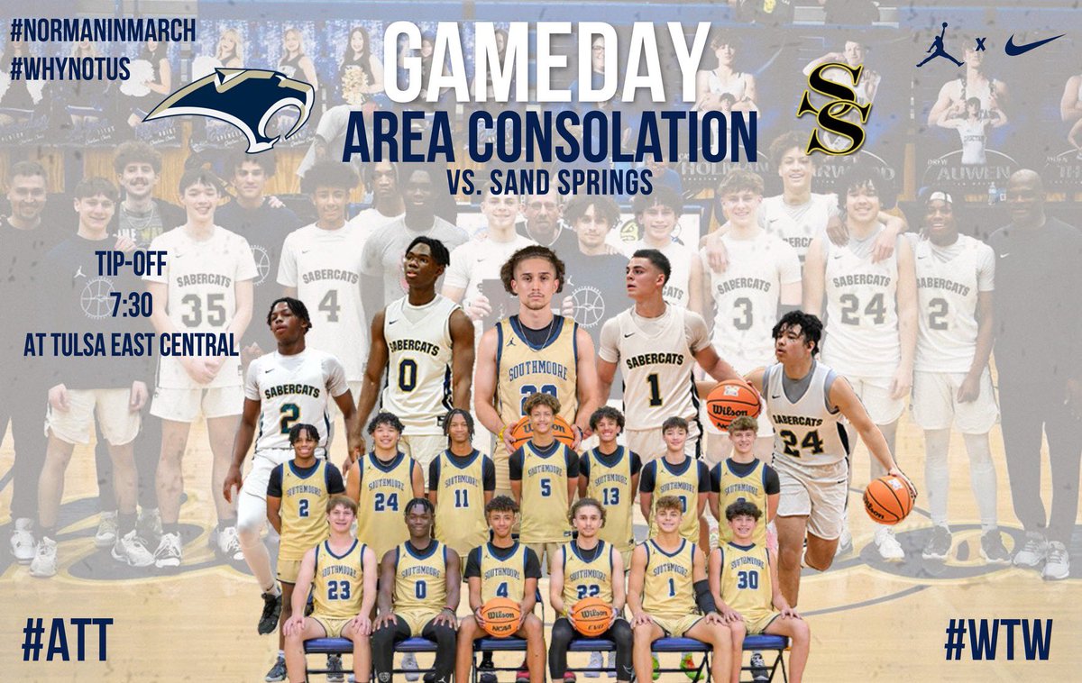 SouthmooreHoops's tweet photo. ‼️Game Day‼️ 
Class 6A East Area 
📆 March 1, 2024 
📺  @NFHSNetwork 
🆚 Sand Springs HS   
🏫 at Tulsa East Central HS 
🕗 7:30 PM
#ATT  
#WeAreSouthmoore https://t.co/OtLgf5Ajgt