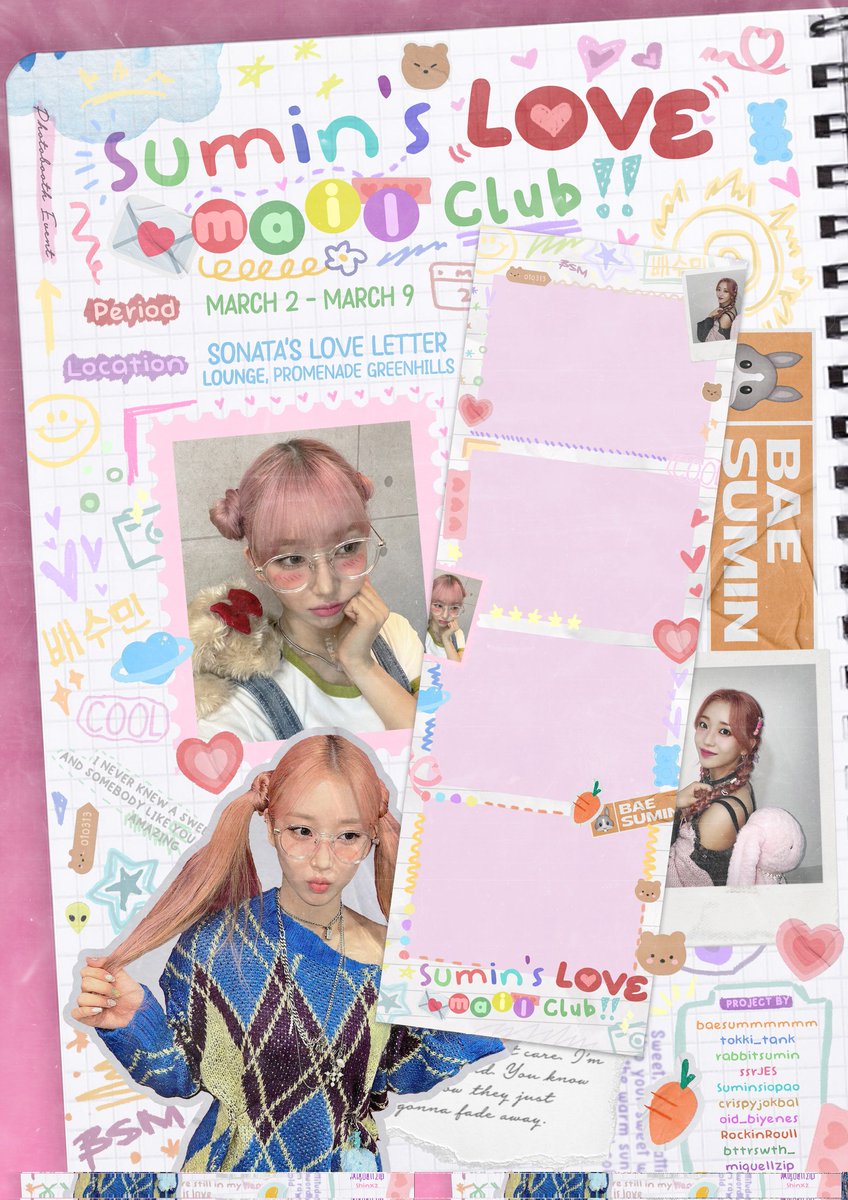 [🎉]

Hello SWITHs

Tomorrow is the start our weeklong SUMIN Day celebration

Join us on our photobooth event:

SUMIN'S LOVE MAIL CLUB

📅: 03.02 - 03.09
📍: Sonata's Love Letter Lounge
Frame Price: PHP 200

#LOVEMAILCLUB #SUMIN #수민 #STAYC #스테이씨