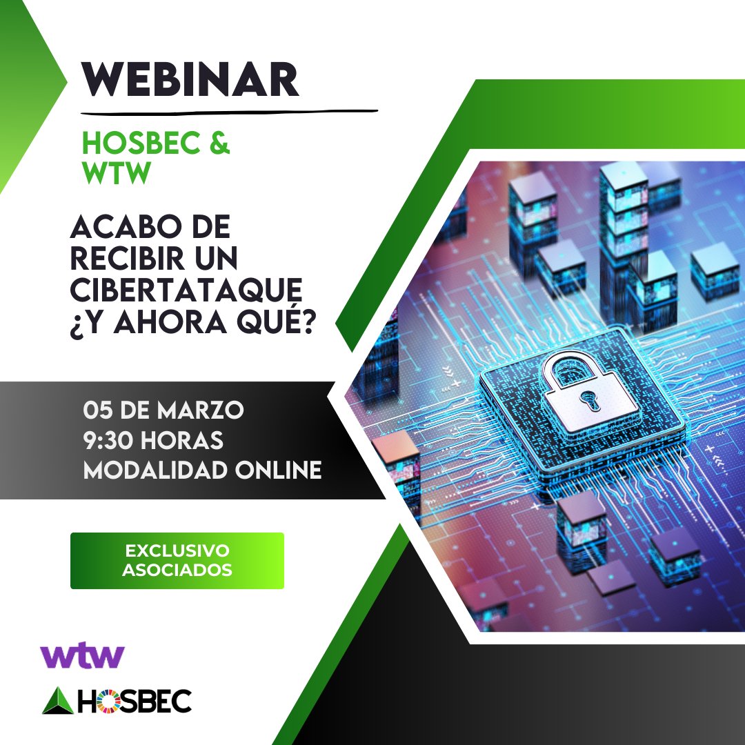 Conscientes de que el sector hotelero es uno de los grandes perjudicados de los ciberataques por el número de datos de clientes que maneja, #HOSBEC organiza junto a @WTWcorporate un webinar práctico y didáctico exclusivo para nuestros asociados. 🖋️Inscripciones en circulares