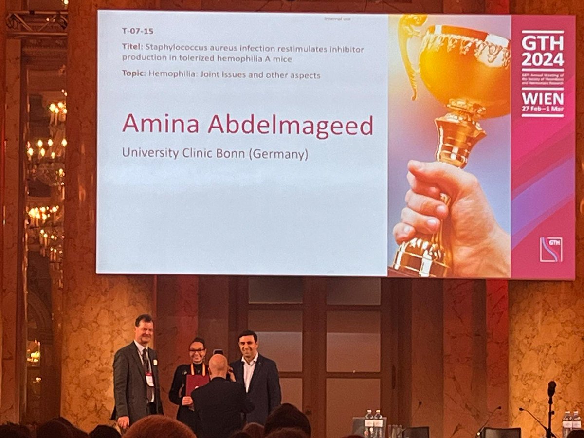 Amina Abdelmageed from @IMMEI_Bonn received the poster award of the #GTH2024 conference in Vienna for her research on why infections abrogate immune-tolerance induction therapy in hemophilia. Well done Amina! @ImmunoSens @UniklinikBonn @UniBonn #Hemostasis