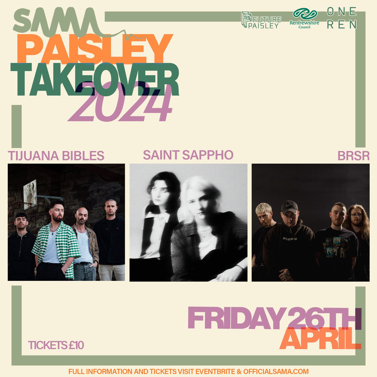 PAISLEY. Ecstatic to announce that we are back in our hometown playing alongside our good friends @Tijuana_Bibles and @saintsappho_ for the @OfficialSAMA Paisley Takeover at The Bungalow! TICKETS ON SALE NOW! Follow the link below to purchase. (1/2)