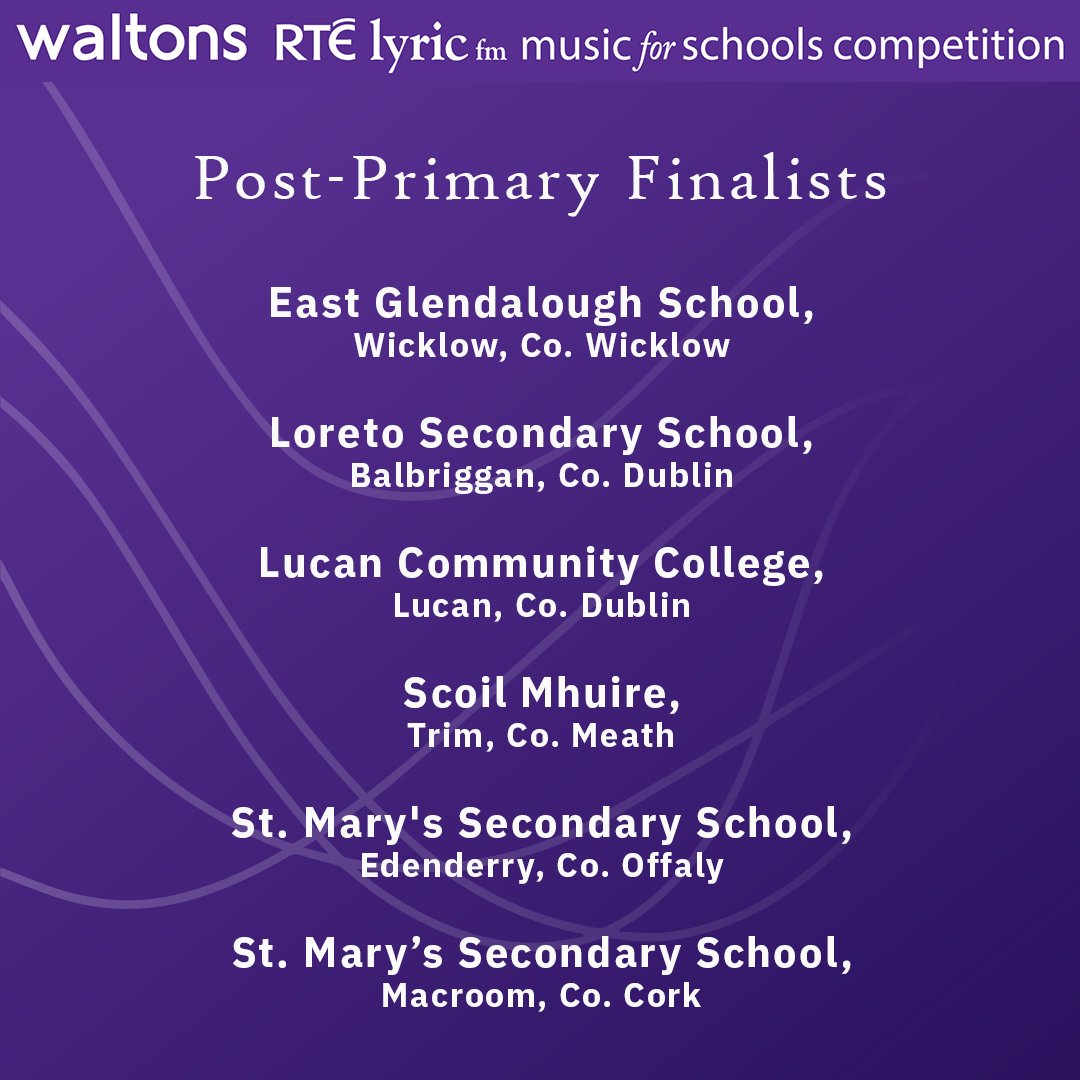 We are delighted to announce our Finalists in the 2024 Waltons RTÉ lyric fm Music for Schools Competition! The 2024 Music for Schools Competition Finalists Concert, will take place in the @NCH_Music on Monday, 8 April. rte.ie/radio/lyricfm/…