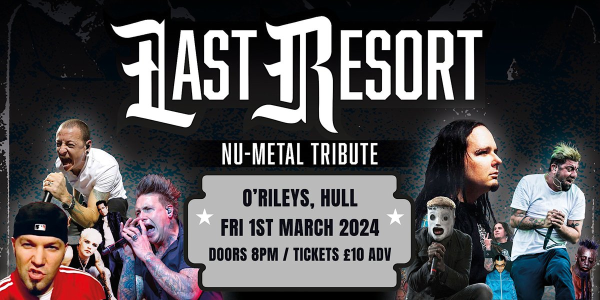 Tonight at O'Rileys Last Resort Nu Metal tribute & The Sixth Letter. Tickets £10 plus bf from good-show.co.uk/events/576 or £15 otd from 7pm (cash or card). First band onstage 8.30pm. @livemusicinhull @bbcburnsy @gr8musicvenues @VHEY_UK @VisitHull @VisitHullEvents @HULLwhatson