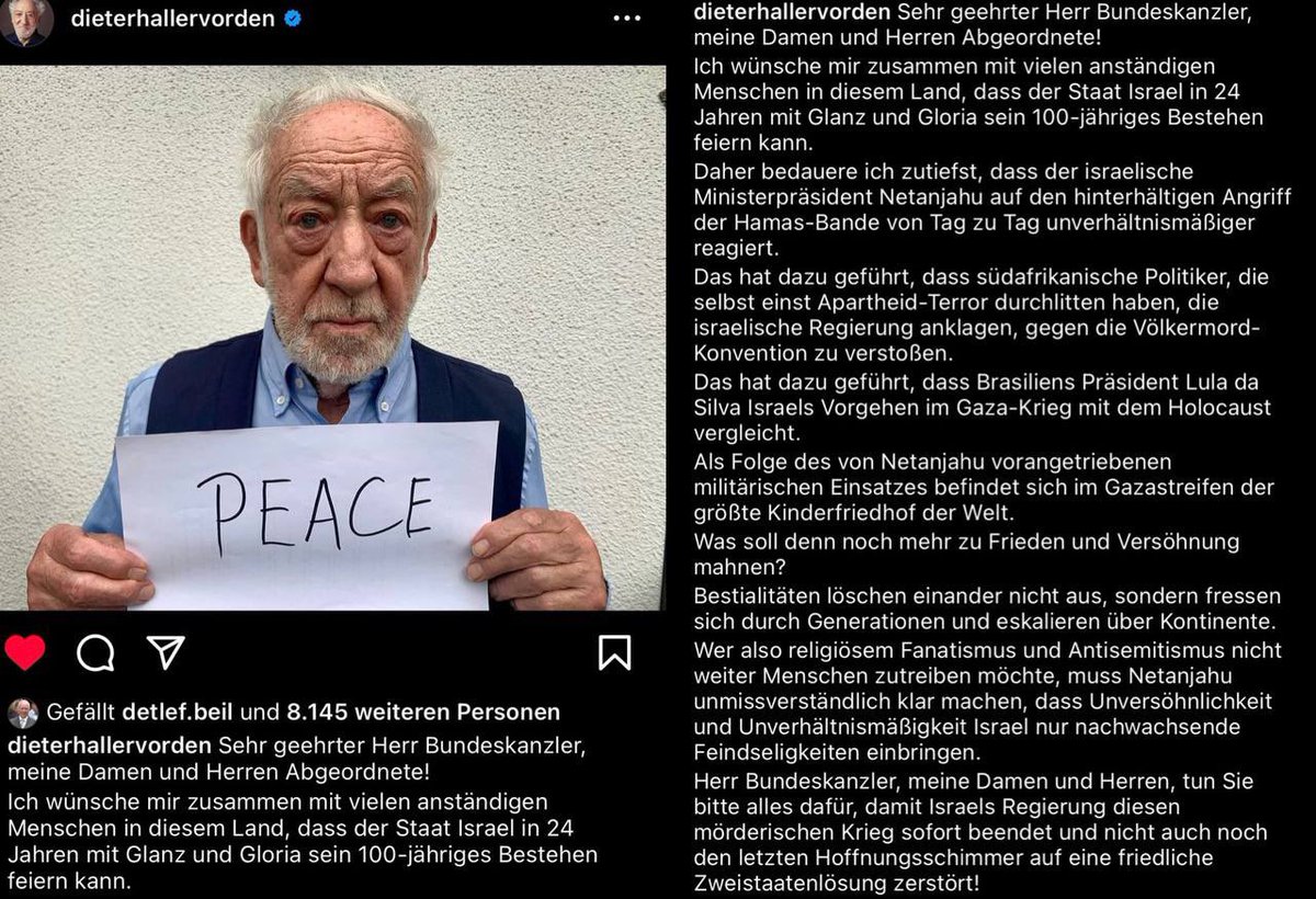 #DieterHallervorden 

Brief an den #Bundeskanzler 🕊️🕊️🕊️

#Israel #Palästina #Zweistaatenlösung