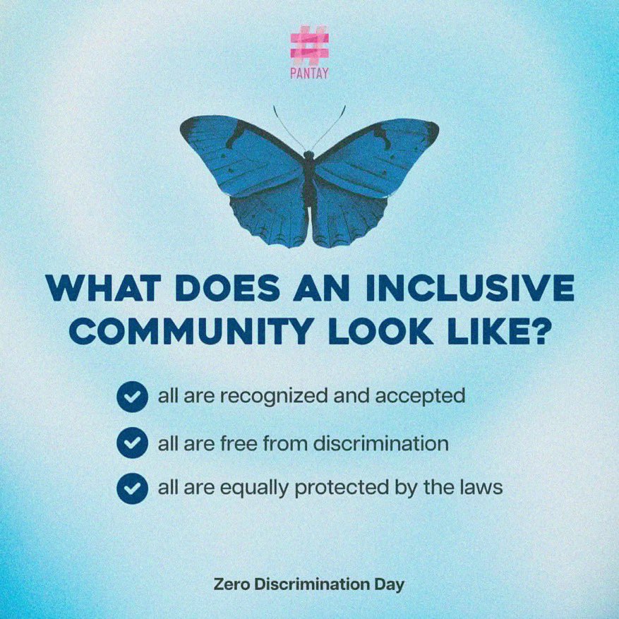 We all dream of a place where we are all free from discrimination. Together, let’s make this dream a shared reality. ✊🏽

#ZeroDiscriminationDay 🦋
#PANTAY
#PANTAYtayo
#Equality4All