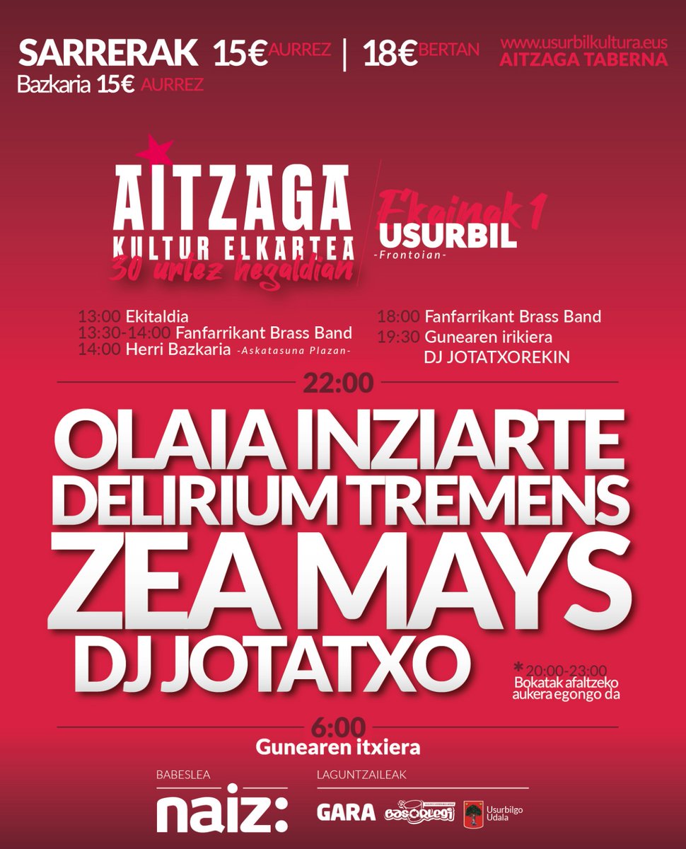 AITZAGA KULTUR ELKARTEA
30 urtez hegaldian

Ekainak 1 -Usurbil-

Sarrerak: usurbilkultura.eus atarian edota Aitzaga Tabernan -Usurbil-