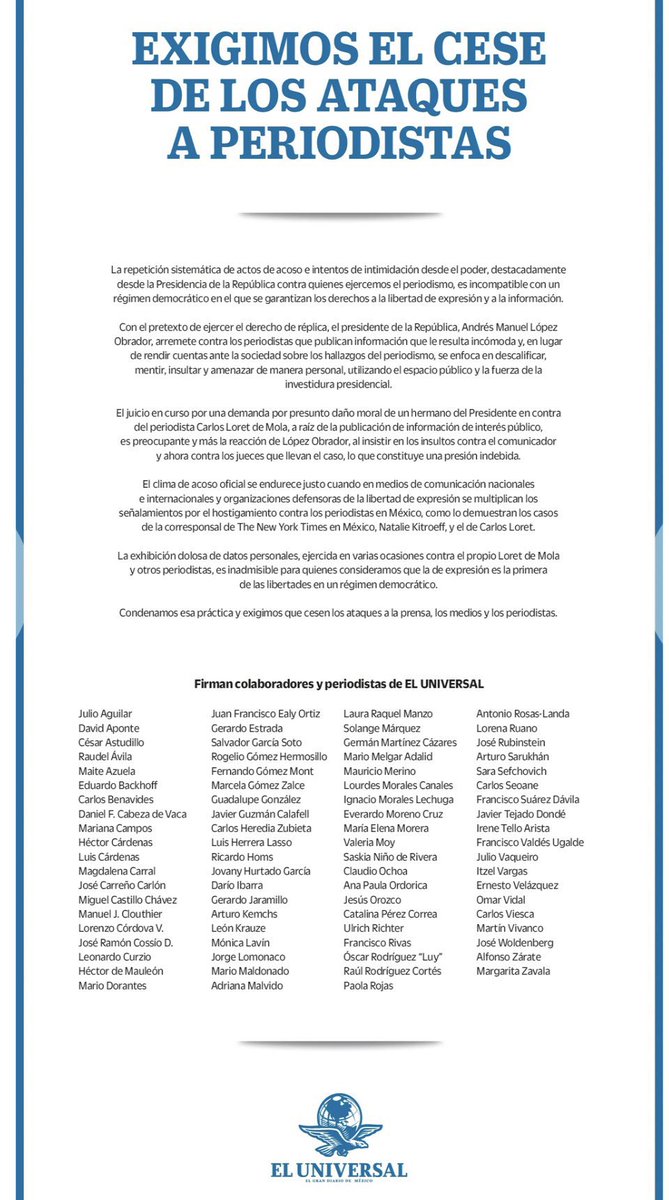 Carlos Loret de Mola (@carlosloret) on Twitter photo Sé que esto va mucho más allá de mí. Que es defender la libertad de expresión ante el acoso incesante del presidente. Leerlo me emociona y me compromete. Gracias de corazón a <a href="/El_Universal_Mx/">El Universal</a> y a mis colegas de páginas por este gesto tan extraordinario. Sé que esto va mucho más allá de mí. Que es defender la libertad de expresión ante el acoso incesante del presidente. Leerlo me emociona y me compromete. Gracias de corazón a <a href="/El_Universal_Mx/">El Universal</a> y a mis colegas de páginas por este gesto tan extraordinario.