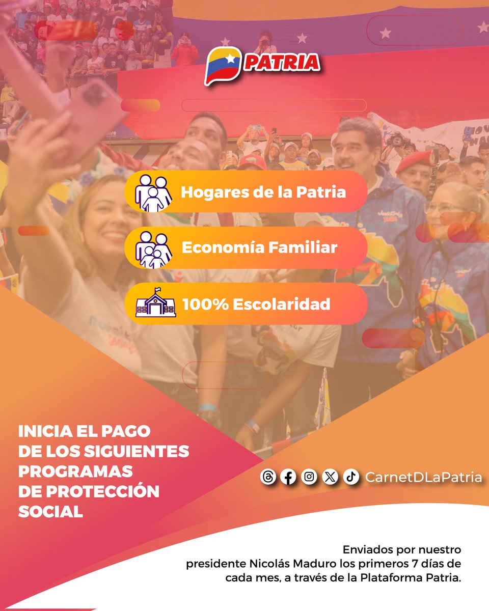🚨 #ATENCIÓN: Desde el 1 al 7 días de cada mes inicia la entrega de los Programas de Protección Social a través del #SistemaPatria. 📌 #HogaresDeLaPatria 📌 #EconomíaFamiliar 📌 💯% #Escolaridad @BonosSocial #NoPodránConVenezuela