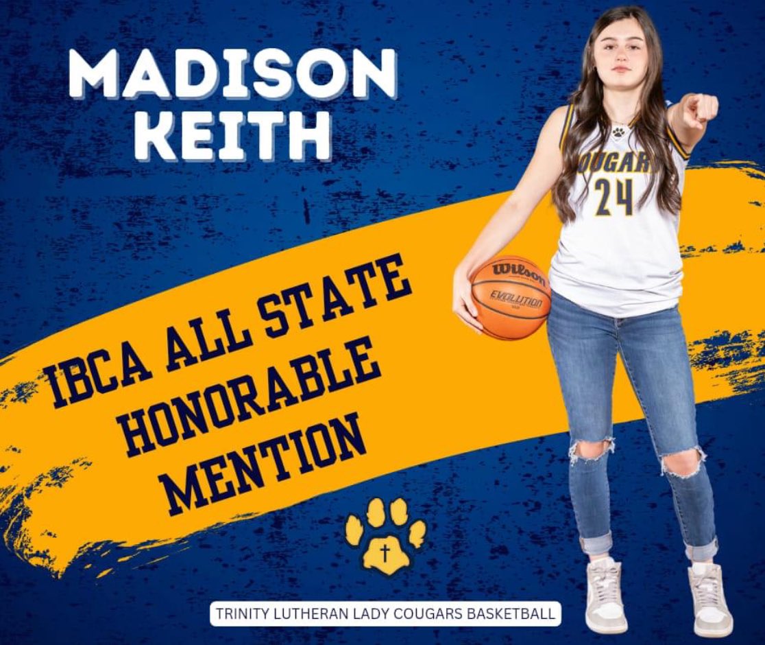 Trinity Lutheran Lady Cougars Basketball (@trinitycougsbb) on Twitter photo Congratulations to <a href="/MadisonKeith18/">Madison Keith</a> on IBCA All-State honorable mention! <a href="/IBCA_Coaches/">IBCA Coaches</a> <a href="/IHSAA1/">IHSAA</a> Congratulations to <a href="/MadisonKeith18/">Madison Keith</a> on IBCA All-State honorable mention! <a href="/IBCA_Coaches/">IBCA Coaches</a> <a href="/IHSAA1/">IHSAA</a>