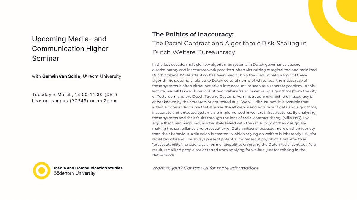 MKV | Södertörn University (@mkv_sodertorn) on Twitter photo 💻 How does the inaccurate implementation of welfare fraud algorithms reinforce racial biases in Dutch governance, impacting marginalized citizens' access to welfare?
Join our next seminar with <a href="/GerwinSchie/">Gerwin van Schie</a>
🗓️ 5 March, 13-14.30 CET 💻 How does the inaccurate implementation of welfare fraud algorithms reinforce racial biases in Dutch governance, impacting marginalized citizens' access to welfare?
Join our next seminar with <a href="/GerwinSchie/">Gerwin van Schie</a>
🗓️ 5 March, 13-14.30 CET