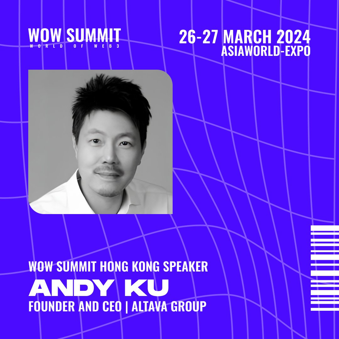 WOWsummitWorld's tweet photo. It's our pleasure to welcome our speaker, Andy Ku, @ALTAVAndy
CEO of @altavagroup and @altavagroupjp. 

Get your #WOWHK tickets to meet Andy 👉 https://t.co/FSEU0VxXTm

#WOWSummitSpeaker #WOWSpeaker #Speaker #Blockchain #Cryptocurrency #BlockchainEvent #DigitalAssets https://t.co/orXC30WIb3