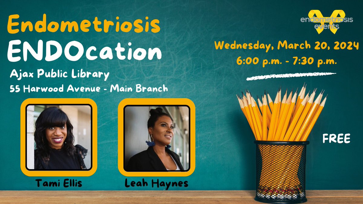 Endometriosis Events Charity (@endoevents) on Twitter photo Come to a FREE <a href="/ajax_library/">Ajax Public Library</a> #endometriosis ENDOcation workshop March 20 @ 6:00 p.m. #Ajax
✏️Discussion w/ Q&A
✏️Shared personal lived experiences
✏️Self-Advocacy
✏️Physical + mental well-being
✏️Creation of your very own customized tea
REGISTER:
ajaxlibrary.ca/node/2067 Come to a FREE <a href="/ajax_library/">Ajax Public Library</a> #endometriosis ENDOcation workshop March 20 @ 6:00 p.m. #Ajax
✏️Discussion w/ Q&A
✏️Shared personal lived experiences
✏️Self-Advocacy
✏️Physical + mental well-being
✏️Creation of your very own customized tea
REGISTER:
ajaxlibrary.ca/node/2067