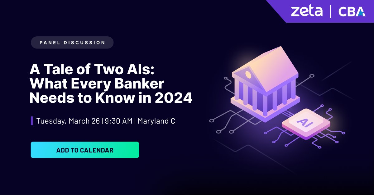 Witness banking technology titans discuss the two AIs slated to change banking forever - Decisioning AI and Conversational AI.
See you at the event at CBA Live 2024.
Add it to your calendar now: hubs.ly/Q02mGNzf0

#ZetaAtCBALive #CBALive2024 #AIinBanking #Panel
