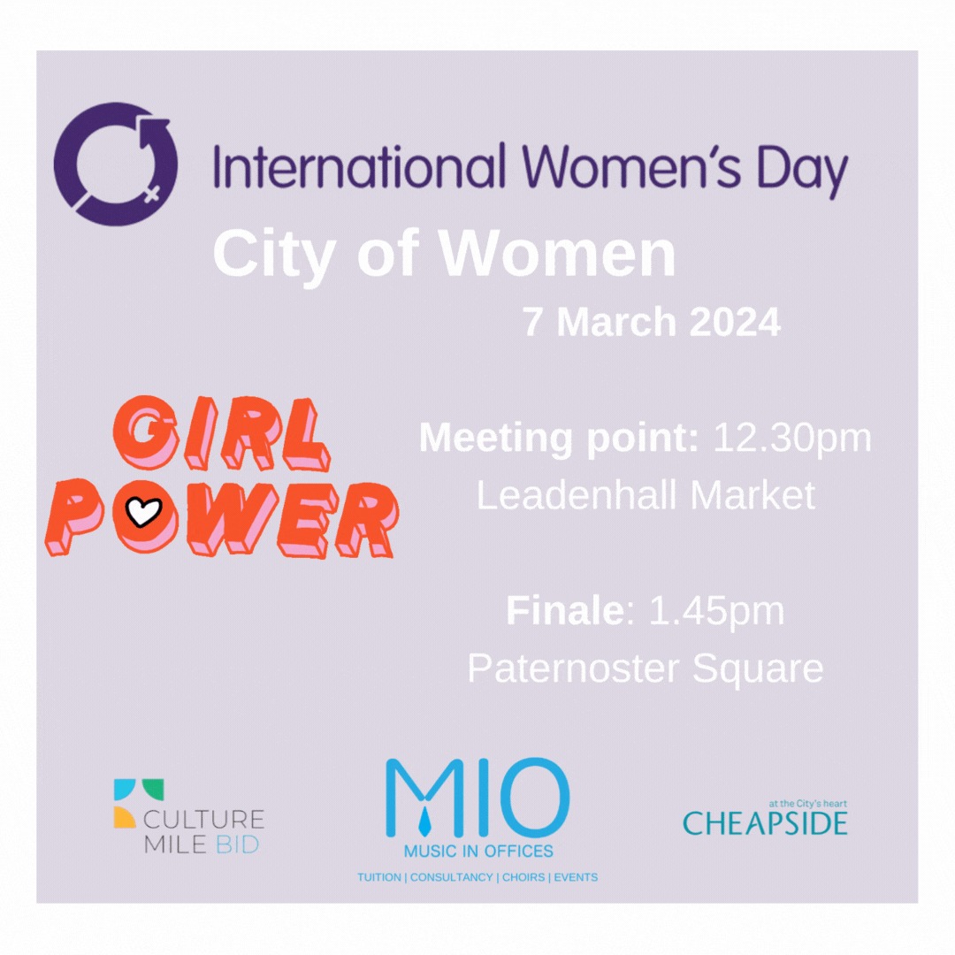 Music in Offices' International Women's Day Performance. Join us in celebrating women's contributions to the City of London and promoting gender equity in the workplace. Let's walk together towards a more inclusive &amp; empowered future! #IWDChorus #WomenLeadership @culturemilebid