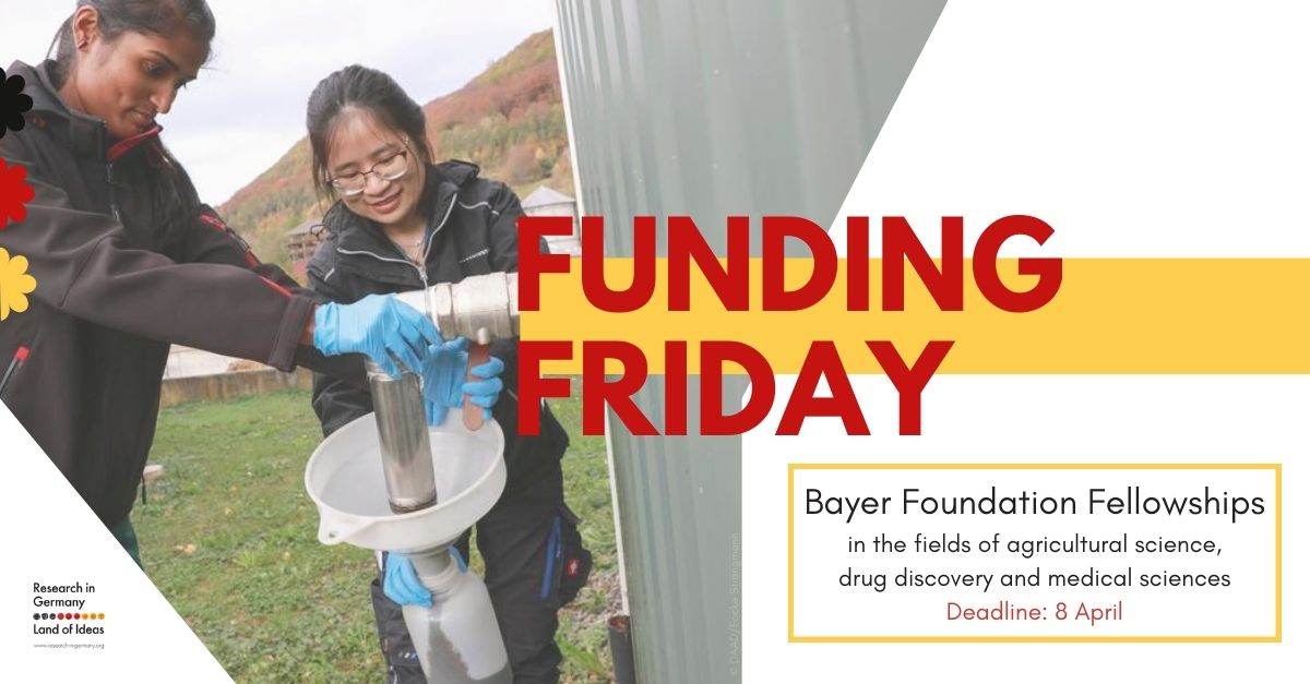 Research in Germany - Initiative of the BMBF (@researchgermany) on Twitter photo 📣 Today's #FundingFriday opportunity: <a href="/BayerFoundation/">Bayer Foundation</a> Fellowships in agricultural science, drug discovery and medical sciences 🧑🏾🌾💊👩🏽⚕️
Find all opportunities for research projects and internships for master and #PhD students and apply by 8 April here 👉ow.ly/jrpO50QFvii 📣 Today's #FundingFriday opportunity: <a href="/BayerFoundation/">Bayer Foundation</a> Fellowships in agricultural science, drug discovery and medical sciences 🧑🏾🌾💊👩🏽⚕️
Find all opportunities for research projects and internships for master and #PhD students and apply by 8 April here 👉ow.ly/jrpO50QFvii