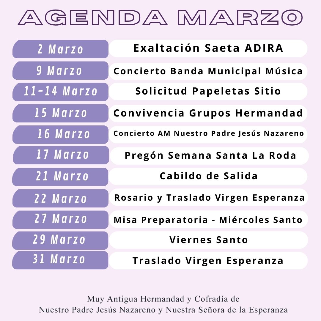 AGENDA MES DE MARZO <a href="/amjesusnazareno/">A.M JESUS NAZARENO</a> <a href="/bmlaroda/">BM La Roda de Andalucía</a> <a href="/AytoLaRodaAnd/">Ayto. La Roda de Andalucía</a> <a href="/Cirineos1985/">Cirineos del Señor</a>