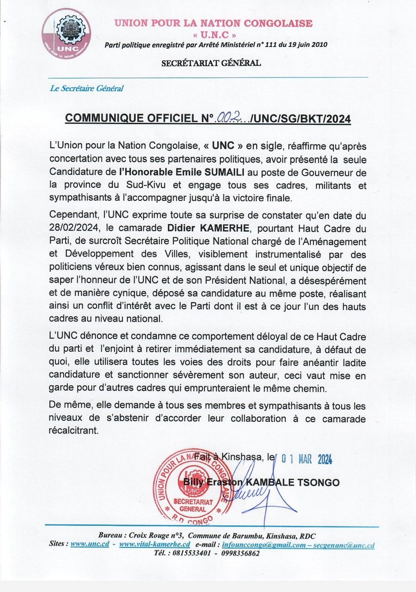 COMMUNIQUÉ DU SECRÉTAIRE GÉNÉRAL