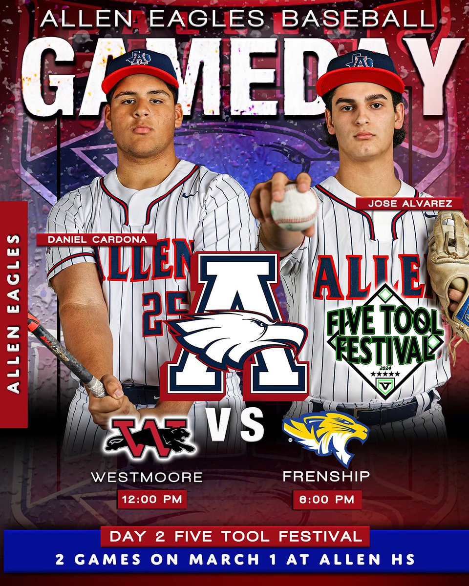 alleneagleshrc's tweet image. FIVE TOOL FESTIVAL from the home turf Friday! 
⏰ 12:00 and 6:00
🏟️ Allen HS Ball Fields 
🎟️ $10 adults/ $5 students
🍿Allen HRC

😀@DCardona34 @JoseAlvarez910 
📸 @bigedmachine1 
@Jwilsonbaseball @allen_baseball @FiveToolTexas @FiveTool 
#catchagame
