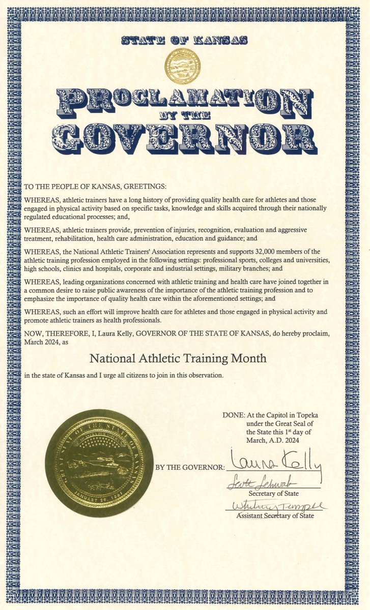 🌻To the people of Kansas, 

Happy National Athletic Training Month!

The Govenor of Kansas has proclaimed March 2024 as National Athletic Training Month!

Go forth and celebrate. And remember to thank your athletic trainer.