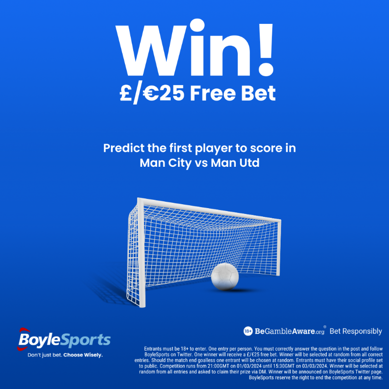 BoyleSports's tweet photo. 🤑 Choose wisely and you can win a £/€25 Free Bet!

To enter:
✅ Follow @BoyleSports
🔁 Retweet this post
💬 Predict the first goalscorer in Man City v Man Utd

🔞 Click below for full terms &amp; conditions.

#MCIMUN