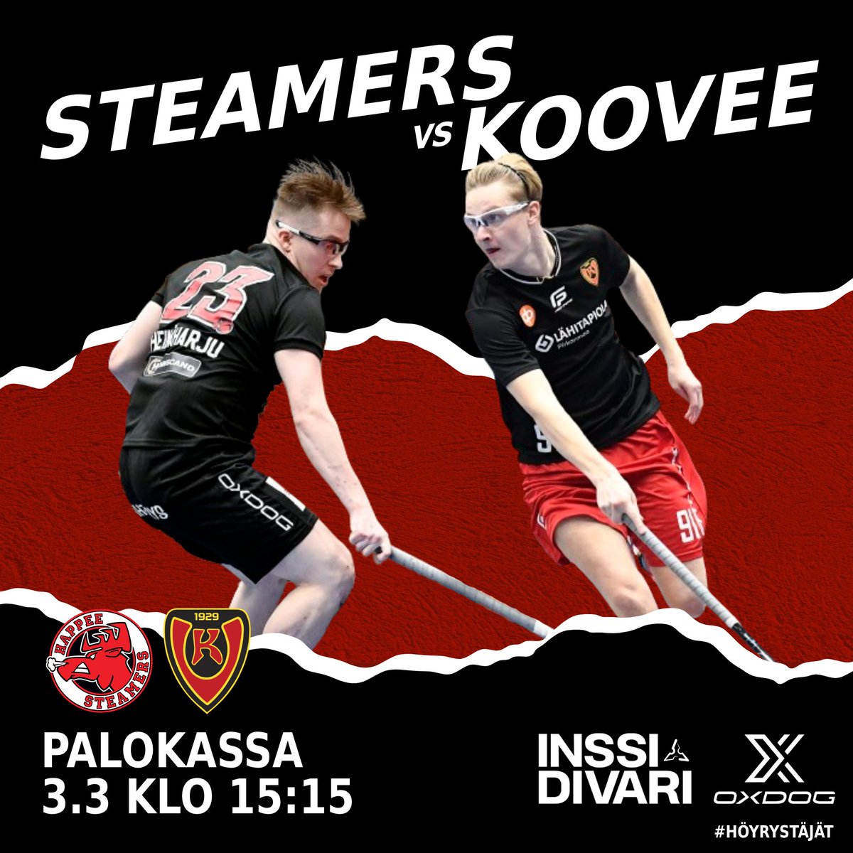 Runkosarjan viimeinen kotimatsi🔥 

Tiukka ja tasainen runkosarja lähenee loppuaan ja molemmat joukkueet kamppailevat vielä pääsystä kuuden parhaan joukkoon ja kevään playoffeihin. Erittäin tärkeitä pisteitä siis jaossa

#salibandy #inssidivari #höyrystäjät #oxdog #jyväskylä