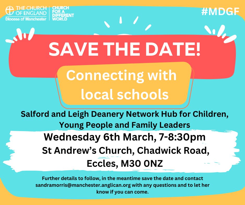 It's nearly time for the next Salford &amp; Leigh Deanery Hub 6th March 7pm. We are pleased that Bishop Mark  is joining us, it will be an enjoyable evening thinking about serving our schools. Come along and join the conversations. Blessings Sandra